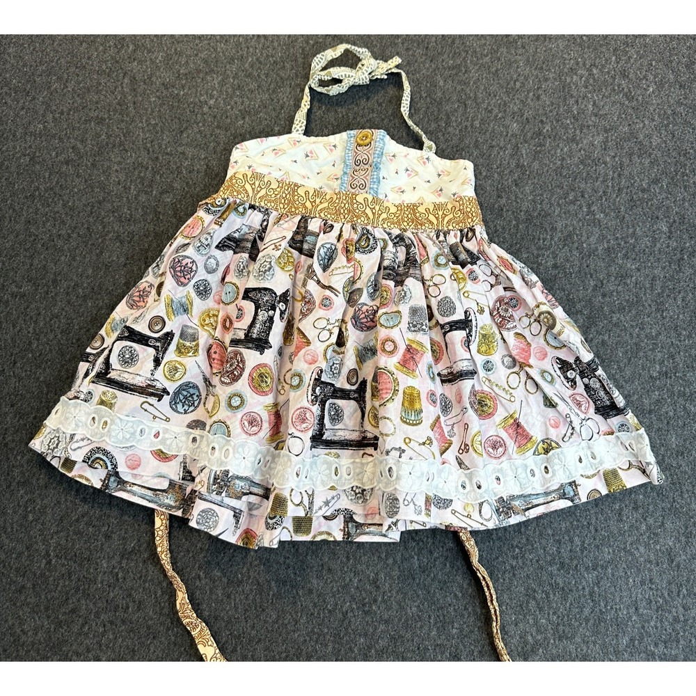 Matilda Jane Platinum Halter Sundress Sewing Print Eyelet Lace Dress Size 8 EUC - Picture 2 of 14
